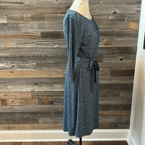 Lands End Blue Patterned Midi Tie Waist 3/4 Length Sleeve Dress Size XS 2-4 - Picture 4 of 9